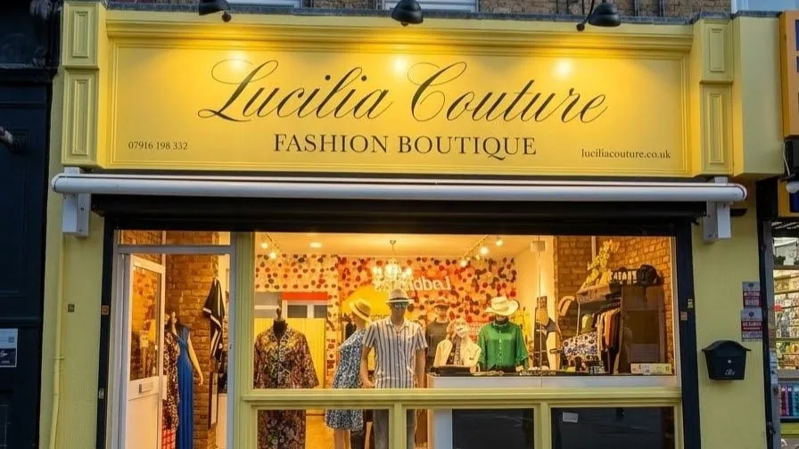 The yellow shopfront of Lucilia Couture fashion boutique on Caledonian Road, lit up in the evening