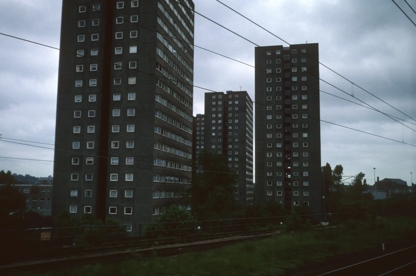 Harvist Estate tower blocks seen from the railway, the side the southern terrace would face. The picture does not show the site as it is today.