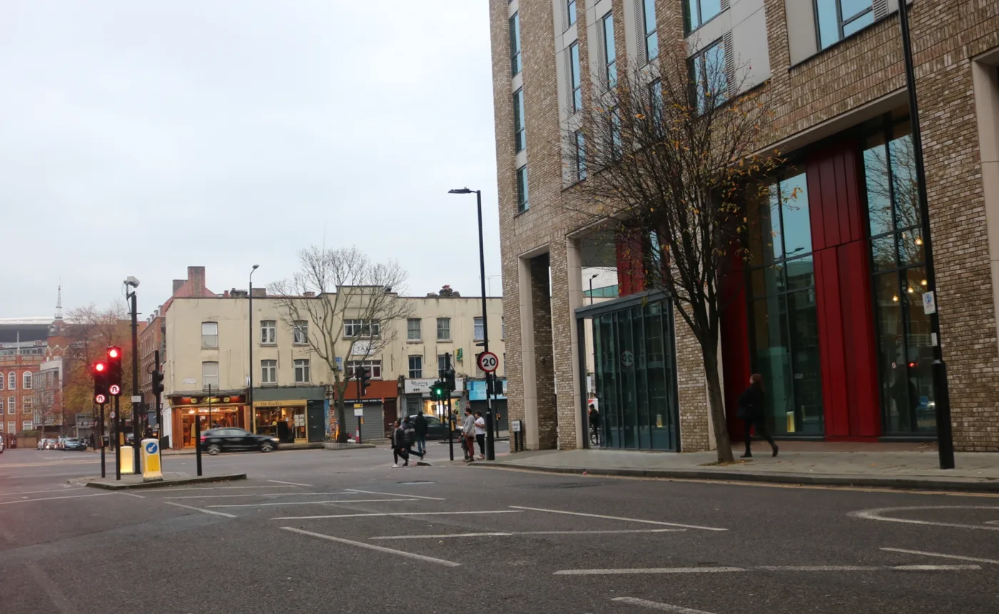 Hornsey Street at its junction with Holloway Road. The Reuse and Recycling Centre is further along the street at number 40.
