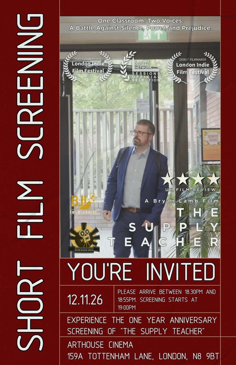 Red invitation poster for The Supply Teacher short film screening, 12.11.26, ArtHouse Cinema, 159A Tottenham Lane, London N8 9BT, with festival laurels and a teacher walking through a doorway